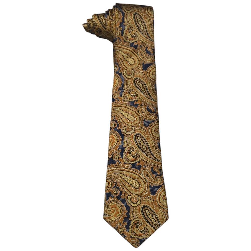 Tasso Elba Paisley Silk Tie Brown Gold Navy Blue 100% Silk Men's Designer‎ Tie